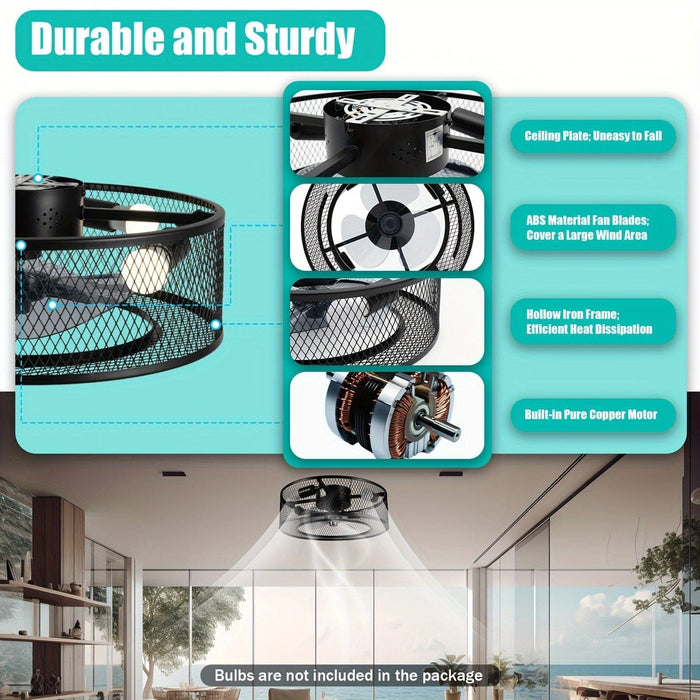 Farmhouse Black Caged Ceiling Fan with Lights, Small Slient Ceiling Fan Light Fixture for Kitchen Bedroom Living Room-ErisView
