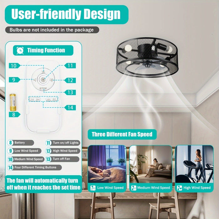 Farmhouse Black Caged Ceiling Fan with Lights, Small Slient Ceiling Fan Light Fixture for Kitchen Bedroom Living Room-ErisView
