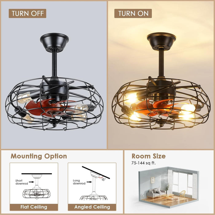 Farmhouse Caged Ceiling Fan, Black Outdoor Ceiling Fan with Light and Remote, Outdoor Low Profile Ceiling Fan Light Fixtures for Patio-2-ErisView