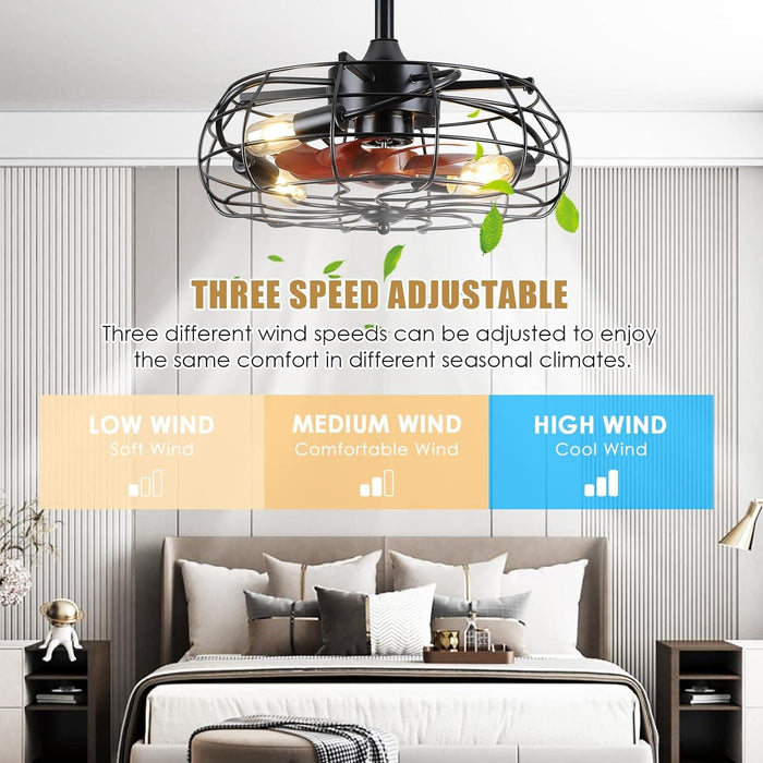 Farmhouse Caged Ceiling Fan, Black Outdoor Ceiling Fan with Light and Remote, Outdoor Low Profile Ceiling Fan Light Fixtures for Patio-3-ErisView