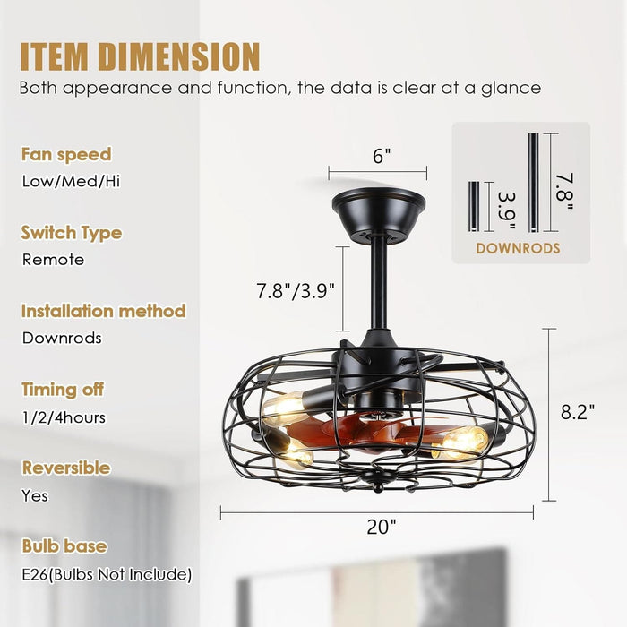 Farmhouse Caged Ceiling Fan, Black Outdoor Ceiling Fan with Light and Remote, Outdoor Low Profile Ceiling Fan Light Fixtures for Patio-4-ErisView
