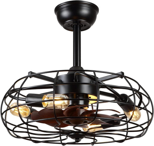 Farmhouse Caged Ceiling Fan, Black Outdoor Ceiling Fan with Light and Remote, Outdoor Low Profile Ceiling Fan Light Fixtures for Patio-1-ErisView