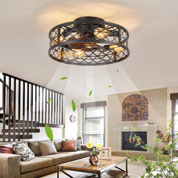 Farmhouse Ceiling Fan with Lights Remote, Reversible Flush Mount Low Profile Ceiling Fan, Bladeless Rustic Boho Caged Ceiling Fan Light Fixture-2-ErisView