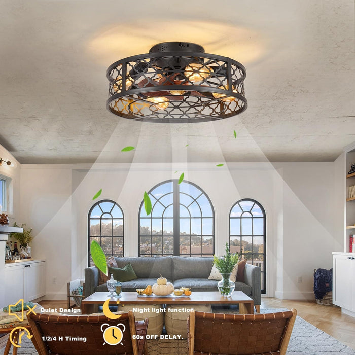Farmhouse Ceiling Fan with Lights Remote, Reversible Flush Mount Low Profile Ceiling Fan, Bladeless Rustic Boho Caged Ceiling Fan Light Fixture-3-ErisView