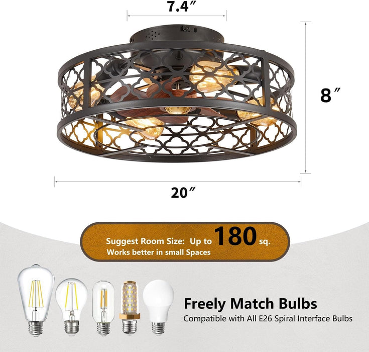 Farmhouse Ceiling Fan with Lights Remote, Reversible Flush Mount Low Profile Ceiling Fan, Bladeless Rustic Boho Caged Ceiling Fan Light Fixture-4-ErisView