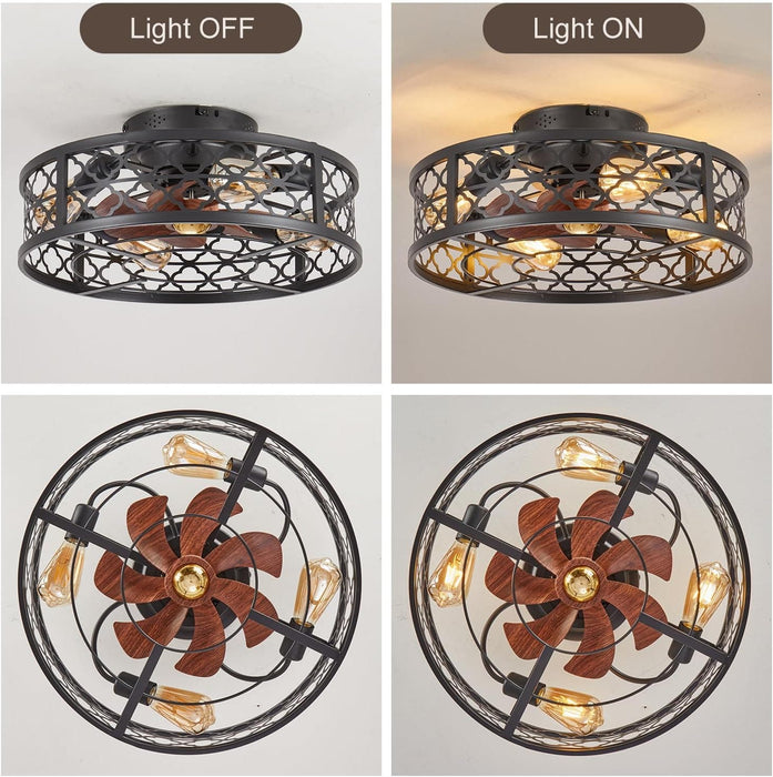 Farmhouse Ceiling Fan with Lights Remote, Reversible Flush Mount Low Profile Ceiling Fan, Bladeless Rustic Boho Caged Ceiling Fan Light Fixture-5-ErisView