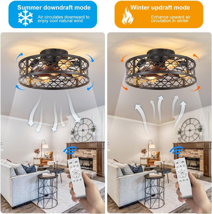 Farmhouse Ceiling Fan with Lights Remote, Reversible Flush Mount Low Profile Ceiling Fan, Bladeless Rustic Boho Caged Ceiling Fan Light Fixture-6-ErisView