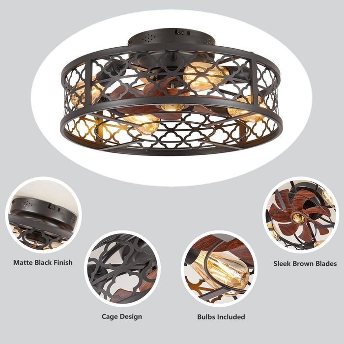 Farmhouse Ceiling Fan with Lights Remote, Reversible Flush Mount Low Profile Ceiling Fan, Bladeless Rustic Boho Caged Ceiling Fan Light Fixture-8-ErisView