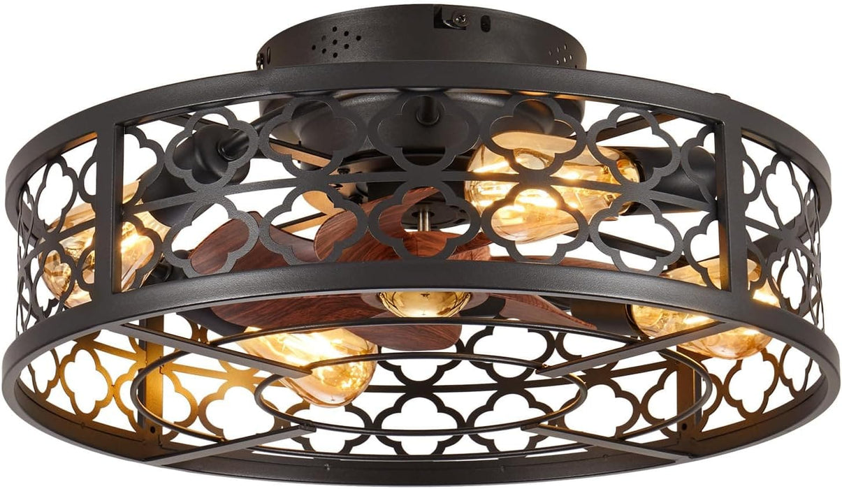 Farmhouse Ceiling Fan with Lights Remote, Reversible Flush Mount Low Profile Ceiling Fan, Bladeless Rustic Boho Caged Ceiling Fan Light Fixture-9-ErisView