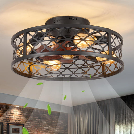 Farmhouse Ceiling Fan with Lights Remote, Reversible Flush Mount Low Profile Ceiling Fan, Bladeless Rustic Boho Caged Ceiling Fan Light Fixture-1-ErisView