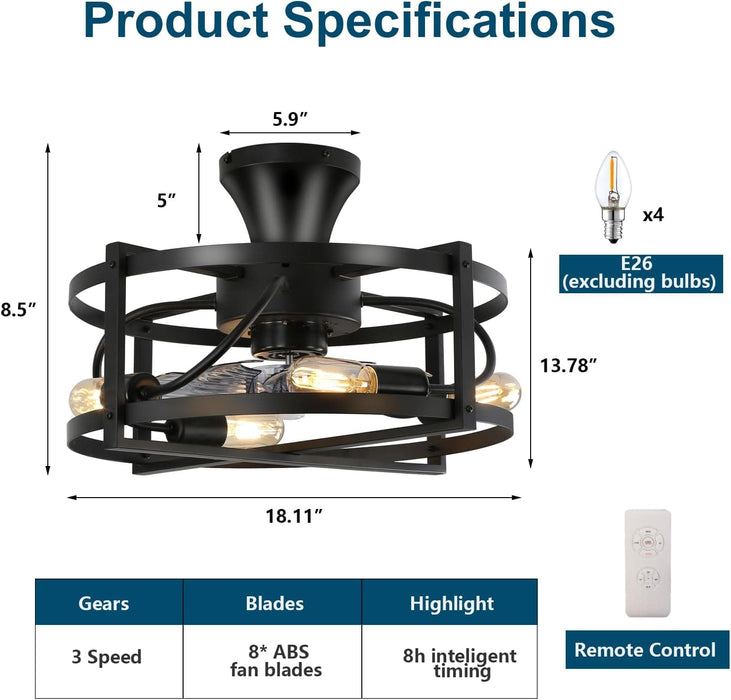 Farmhouse Industrial Caged Remote Control Ceiling Fan and Light, Quietest Fan For Sleeping for Bedroom Kitchen Dining Room Living Room-2-ErisView