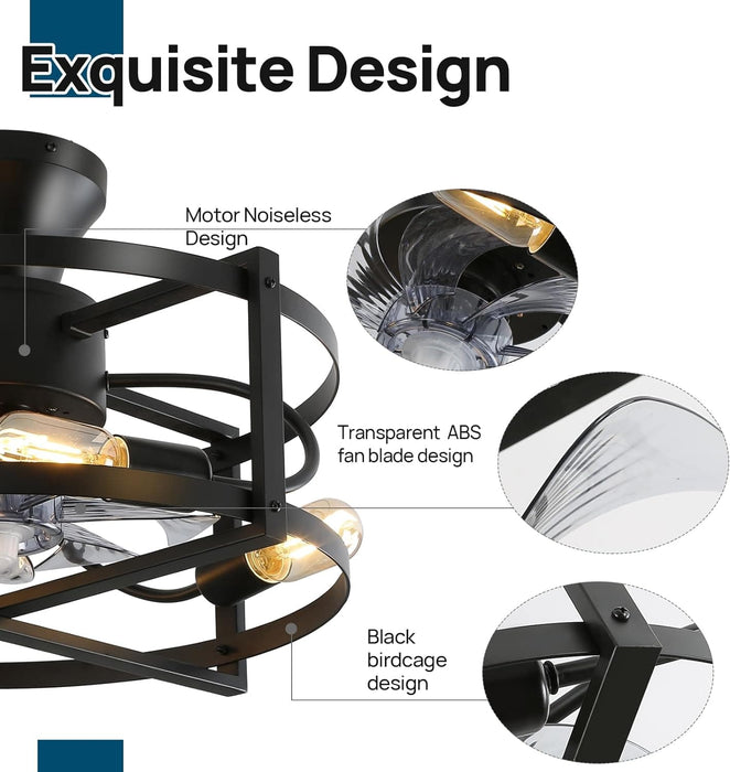 Farmhouse Industrial Caged Remote Control Ceiling Fan and Light, Quietest Fan For Sleeping for Bedroom Kitchen Dining Room Living Room-4-ErisView