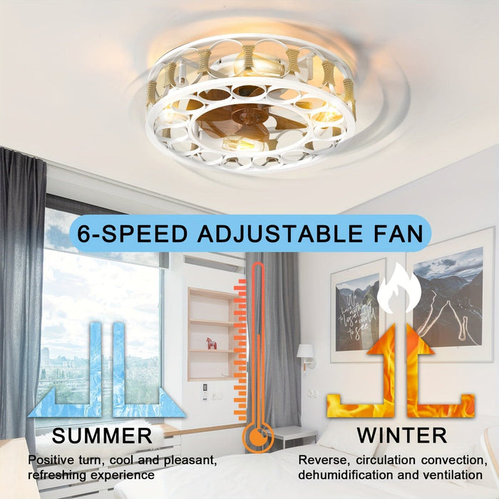 Farmhouse Round Caged Enclosed Ceiling Fan with Lights Remote Control, Low Profile Flush Mount Ceiling Fan with Reversible Blades for Living Room Bedroom Kitchen-ErisView