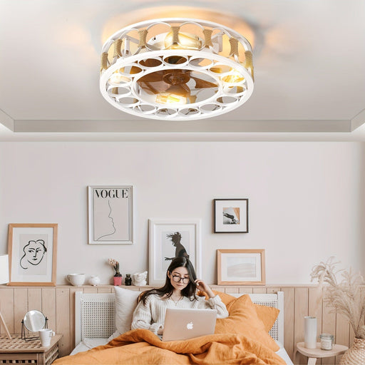 Farmhouse Round Caged Enclosed Ceiling Fan with Lights Remote Control, Low Profile Flush Mount Ceiling Fan with Reversible Blades for Living Room Bedroom Kitchen-ErisView
