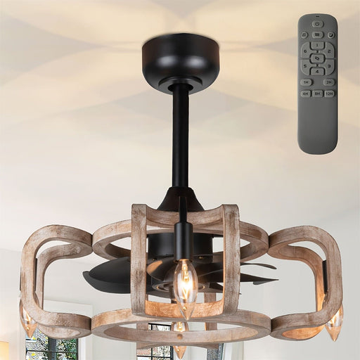 Farmhouse Semi-Flush Mount Caged Ceiling Fan with Light, Wood Ceiling Fan with Remote, Low Profile Ceiling Fan Fandelier for Bedroom Kitchen-White-ErisView