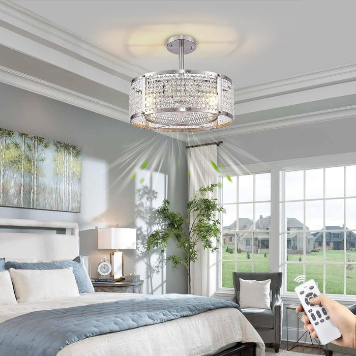 Flush Mount Brushed Nickel Ceiling Fan, Bedroom Ceiling Fans with Lights Remote Control, Small Crystal Ceiling Fan Light Fixture for Bedroom Dining Room-2-ErisView