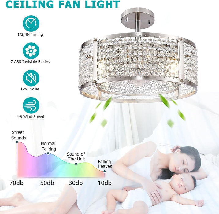 Flush Mount Brushed Nickel Ceiling Fan, Bedroom Ceiling Fans with Lights Remote Control, Small Crystal Ceiling Fan Light Fixture for Bedroom Dining Room-4-ErisView