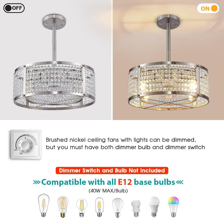Flush Mount Brushed Nickel Ceiling Fan, Bedroom Ceiling Fans with Lights Remote Control, Small Crystal Ceiling Fan Light Fixture for Bedroom Dining Room-6-ErisView