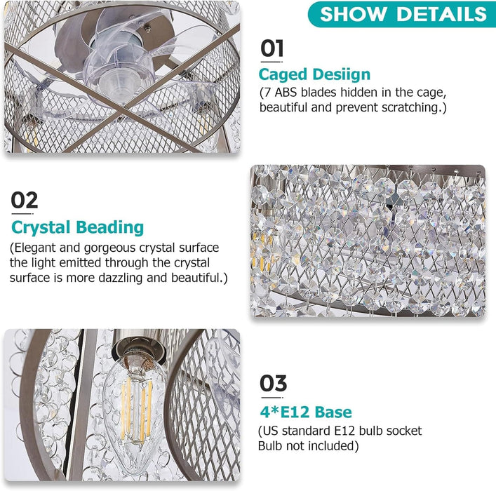 Flush Mount Brushed Nickel Ceiling Fan, Bedroom Ceiling Fans with Lights Remote Control, Small Crystal Ceiling Fan Light Fixture for Bedroom Dining Room-8-ErisView