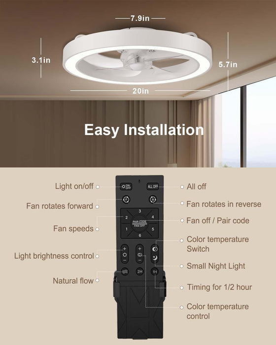 Flush Mount Ceiling Fan with Light and Remote, White Mini Dimmable Low Profile Ceiling Fan-7-ErisView