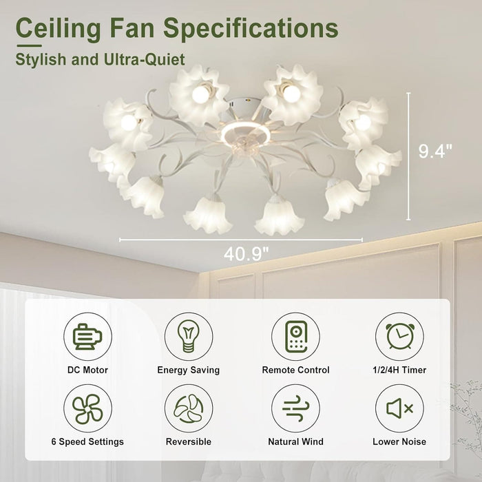 Flush Mount Low Ceiling Fan, Flower Ceiling Fan, Chandelier Fan with Light and Remote, Bladeless Modern Fandelier, Reversible Quiet Ceiling Fans-10-ErisView
