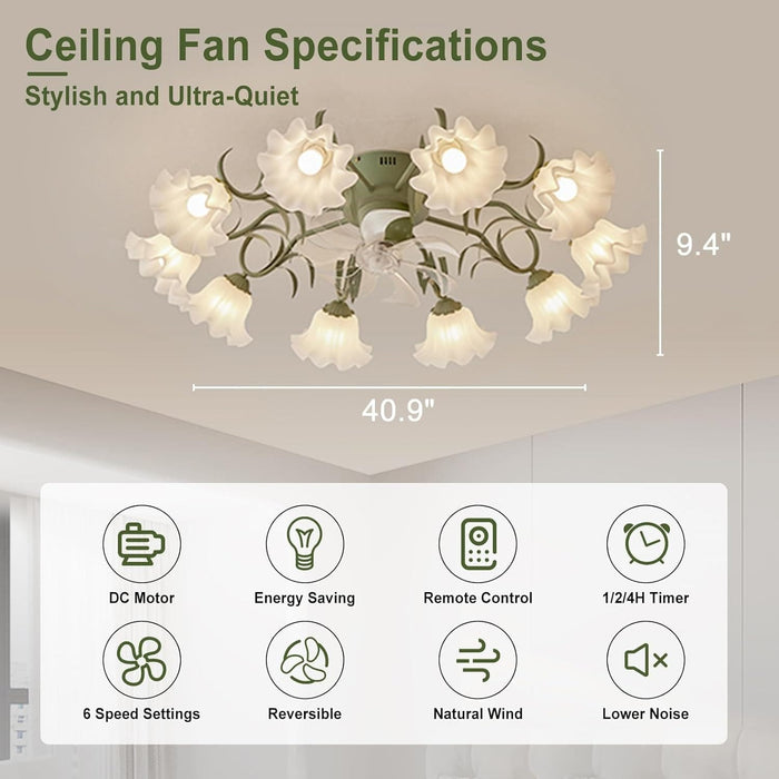 Flush Mount Low Ceiling Fan, Flower Ceiling Fan, Chandelier Fan with Light and Remote, Bladeless Modern Fandelier, Reversible Quiet Ceiling Fans-3-ErisView