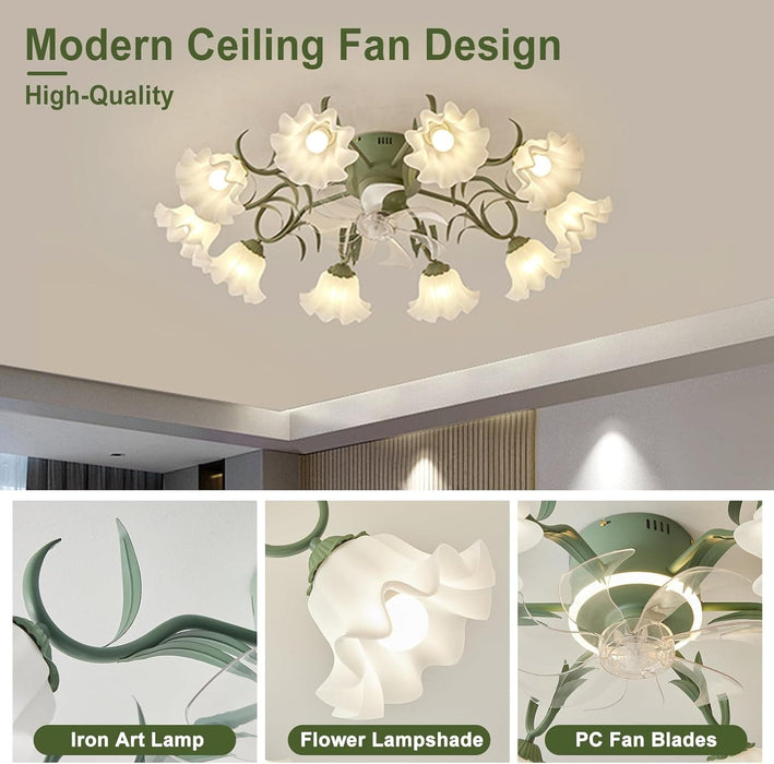 Flush Mount Low Ceiling Fan, Flower Ceiling Fan, Chandelier Fan with Light and Remote, Bladeless Modern Fandelier, Reversible Quiet Ceiling Fans-4-ErisView