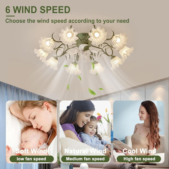 Flush Mount Low Ceiling Fan, Flower Ceiling Fan, Chandelier Fan with Light and Remote, Bladeless Modern Fandelier, Reversible Quiet Ceiling Fans-6-ErisView