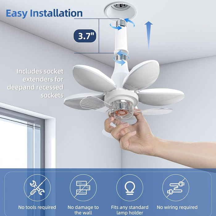 Foldable Socket Ceiling Fan with Light and Remote, Dimmable Quiet Ceiling Fans, Screw In Ceiling Fan with Extender for Bedroom Living Room Kitchen Garage-2-ErisView