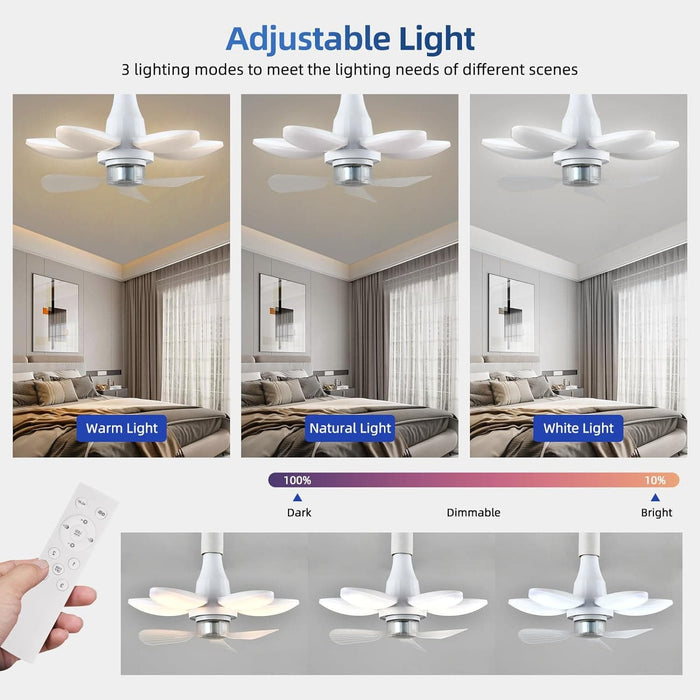Foldable Socket Ceiling Fan with Light and Remote, Dimmable Quiet Ceiling Fans, Screw In Ceiling Fan with Extender for Bedroom Living Room Kitchen Garage-3-ErisView