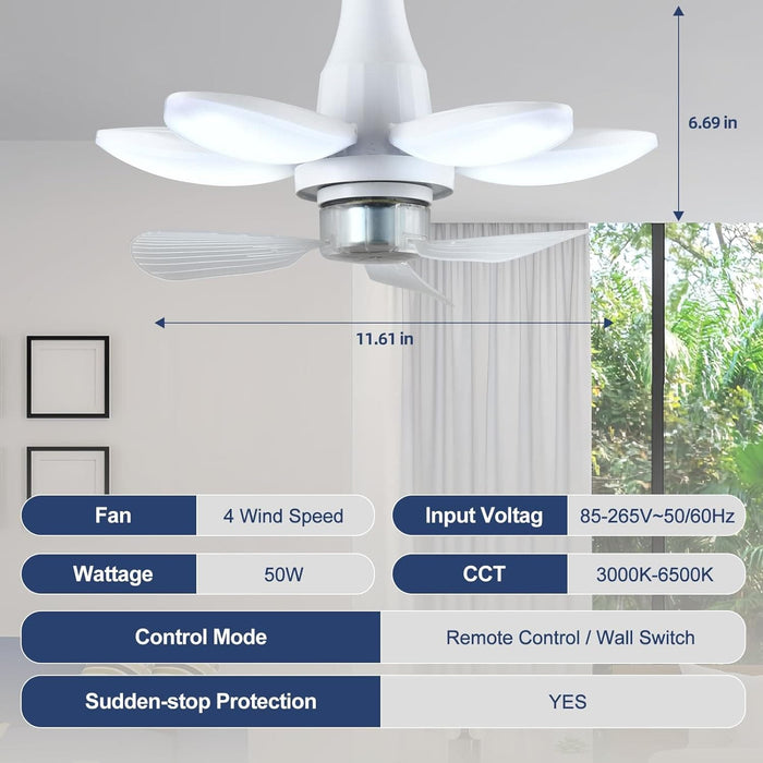 Foldable Socket Ceiling Fan with Light and Remote, Dimmable Quiet Ceiling Fans, Screw In Ceiling Fan with Extender for Bedroom Living Room Kitchen Garage-5-ErisView