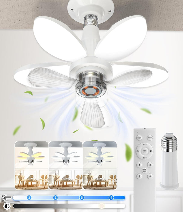 Foldable Socket Ceiling Fan with Light and Remote, Dimmable Quiet Ceiling Fans, Screw In Ceiling Fan with Extender for Bedroom Living Room Kitchen Garage-1-ErisView