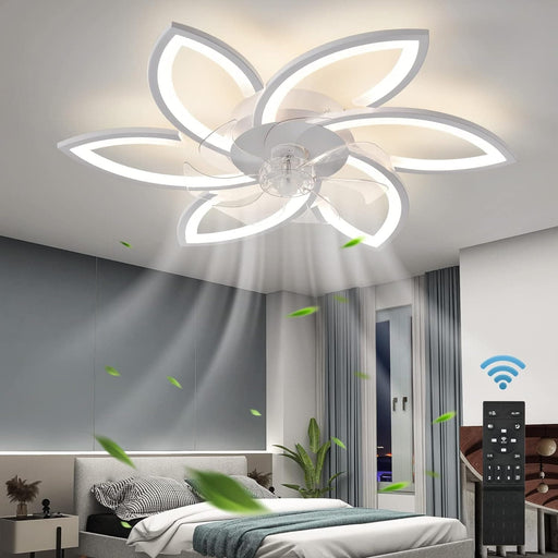 Geometric Ceiling Fans with Lights and Remote, Flush Mount Bladeless Ceiling Fan, White Low Profile Fandelier Flush Mount for Kitchen Bedroom Living Room-1-ErisView