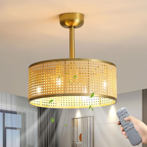 Gold Caged Rattan Ceiling Fan with Light and Remote Control, Reversible Fan in Winter Summer,, Chandelier Ceiling Fan for Bedroom Living Room Kitchen-1-ErisView