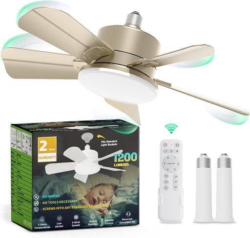 Gold Socket Fan Light with Remote, Dimmable Light Socket Fan for Kitchen, Garage Ceiling Fan -1-ErisView