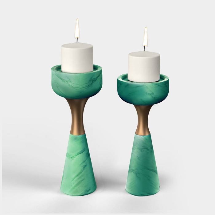 Green Marble Cone-shaped Tabletop Candlestick-Set of 2 with Candles-ErisView