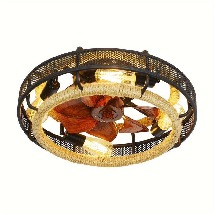 Hemp Rope Farmhouse Ceiling Fan with Light Remote Control Wood Blades, Silent Ceiling Fan for Kitchen Island Bedroom Living Room-ErisView