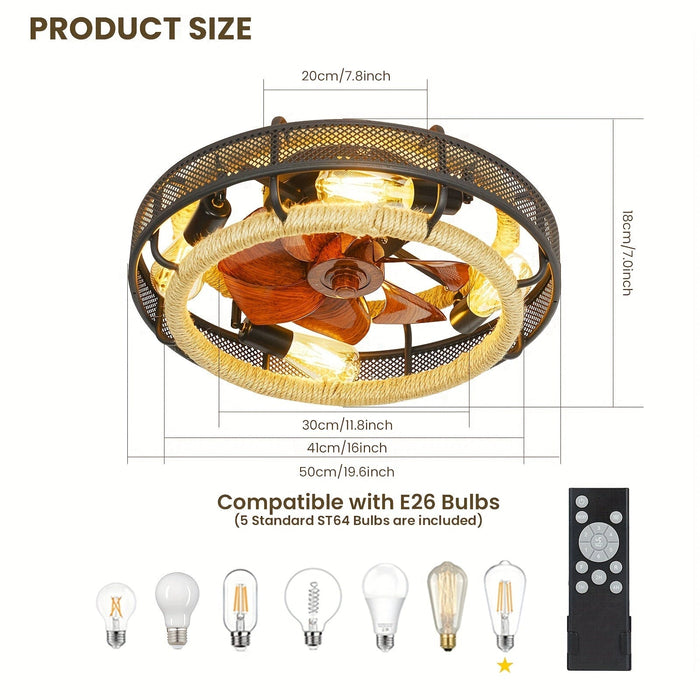 Hemp Rope Farmhouse Ceiling Fan with Light Remote Control Wood Blades, Silent Ceiling Fan for Kitchen Island Bedroom Living Room-ErisView
