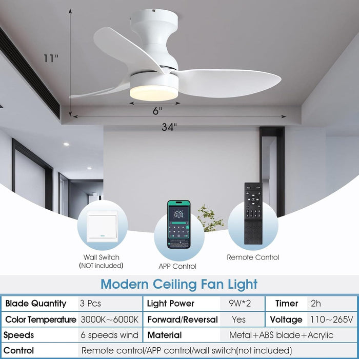Indoor Outdoor Low Profile Flush Mount Ceiling Fan with Remote and APP Control, Small White Modern Ceiling Fan -5-ErisView