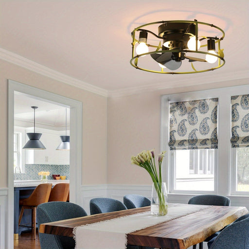 Industrail Caged Flush Mount Ceiling Fan with Lights and Remote Control, Modern Low Profile Ceiling Fan for Dining Room Bedroom Kitchen Living Room-ErisView