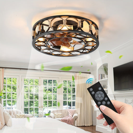 Industrail Ceiling Fan with Caged, Farmhouse LED Ceiling Fan with Light Remote Control, Low Profile Flush Mount Ceiling Fan with Reversible Blades-ErisView