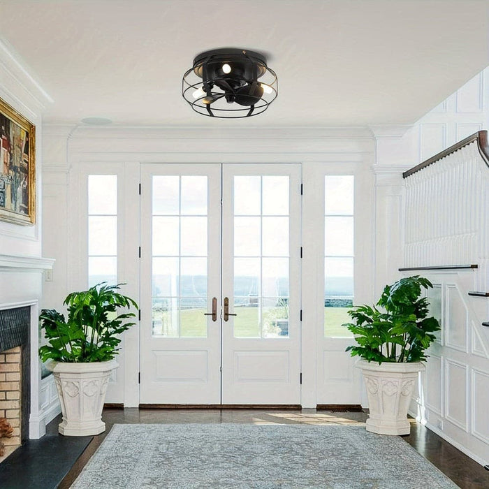 Industrial Ceiling Fan with Light and Remote, Flush Mount Ceiling Fan with Cage for Hallway Living Room Dining Room-ErisView