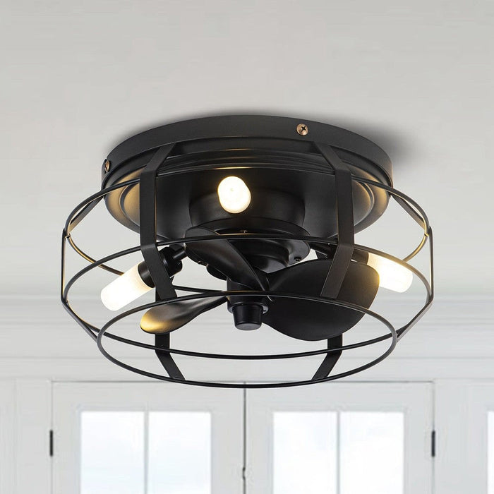 Industrial Ceiling Fan with Light and Remote, Flush Mount Ceiling Fan with Cage for Hallway Living Room Dining Room-ErisView
