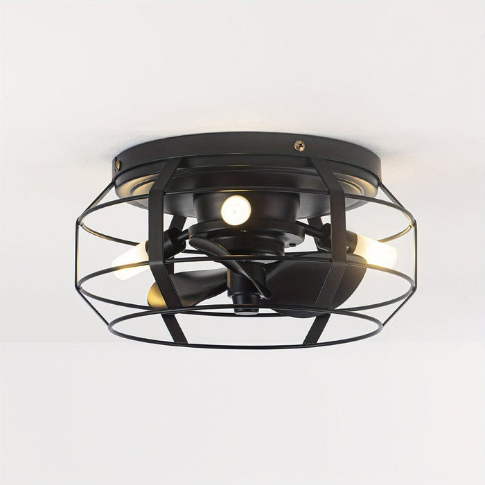Industrial Ceiling Fan with Light and Remote, Flush Mount Ceiling Fan with Cage for Hallway Living Room Dining Room-ErisView
