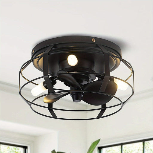 Industrial Ceiling Fan with Light and Remote, Flush Mount Ceiling Fan with Cage for Hallway Living Room Dining Room-ErisView