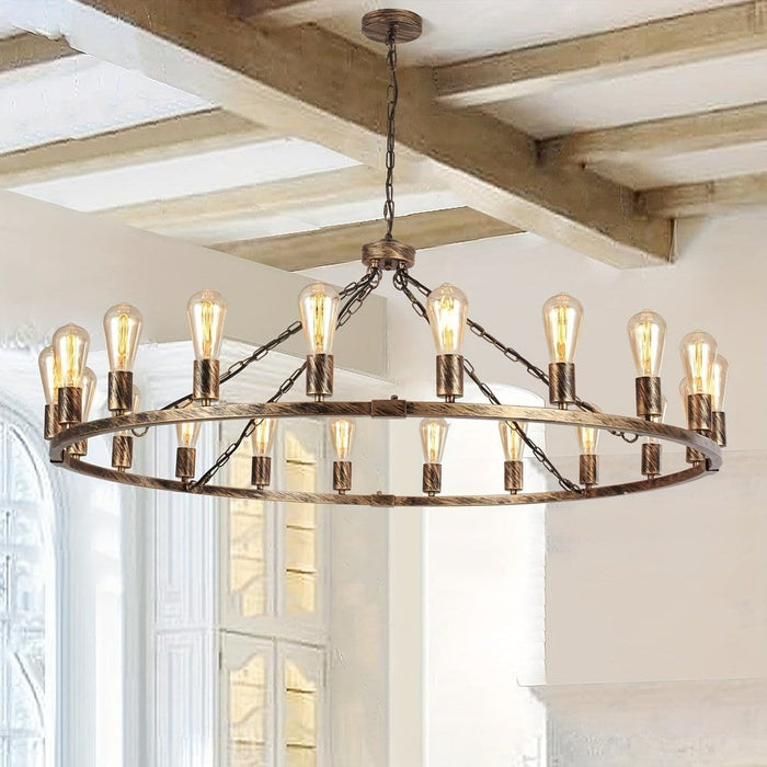 Large Farmhouse Wagon Wheel Chandelier, Rustic Hanging Ceiling Fixture Under Flat Wooden Ceiling-ErisView