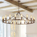 Large Farmhouse Wagon Wheel Chandelier, Rustic Hanging Ceiling Fixture Under Flat Wooden Ceiling-ErisView
