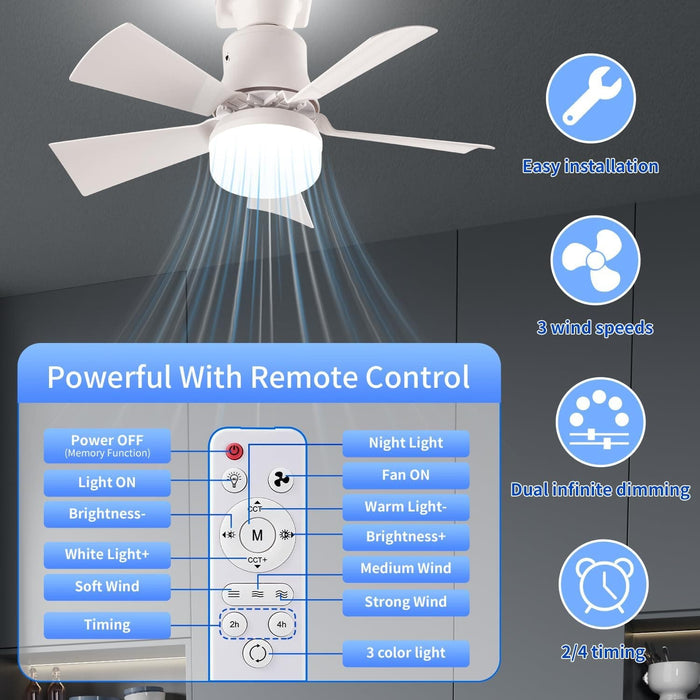 Light Socket Fan with Remote, Screw In Socket Fan Light for Kids Room, Small Kitchen Ceiling Fans, Corner Ceiling Fan-2-ErisView