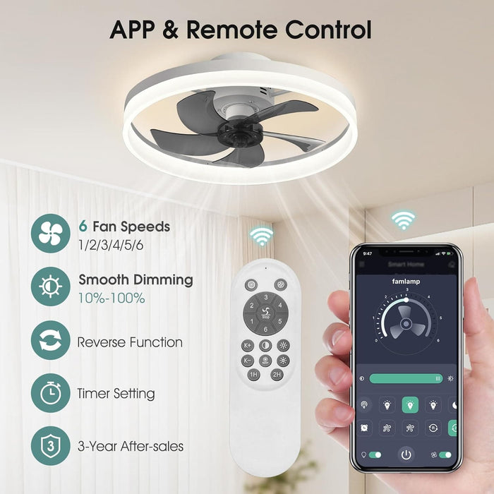 Low Profile Ceiling Fan with Light, Flush Mount Remote Control Fan, White Reversible Noiseless Dimmable Fandelier for Bedroom, Chandelier Ceiling Fan-3-ErisView