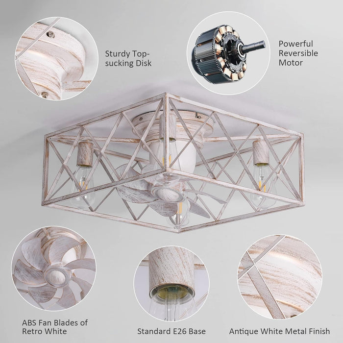 Low Profile Ceiling Fan with Lights, Flush Mount Square Caged Chandelier Fan with Remote Control, White Caged Enclosed Ceiling Fandelier for Bedroom-2-ErisView